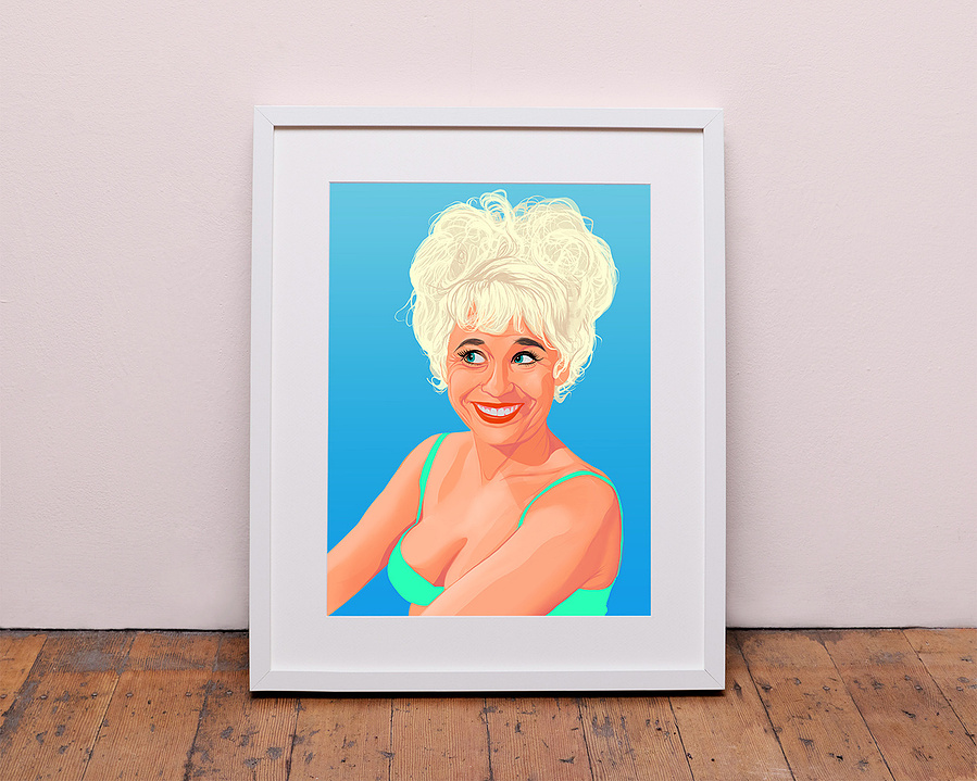 Dame Barbara Windsor from the Carry On films.  A busty blonde with back-combed hair and swim suit. Artwork by Ryan Hodge illustration.  Fine art giclée print available in sizes A4, A3 & A2, framed or print only.  Gay icon