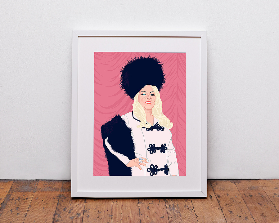 Hollywood blonde bombshell and writer Mae West, a master of the double entrendre who revolutionised female sexuality. A portrait by Ryan Hodge illustration based on the film Myra Breckinridge. A4, A3, A2, A1 sizes frame and print only.