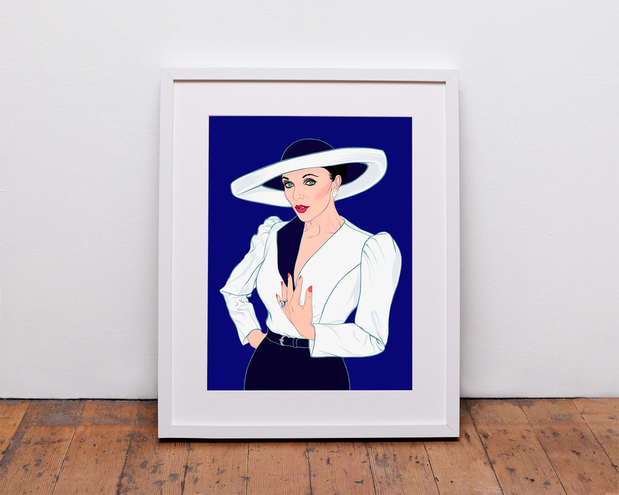 Fine art giclée print ofJoan Collins as Alexis Colby Carrington   as seen in Dynasty by Ryan Hodge illustration.  Available in sizes A4, A3 and A2.  Framed and print only versions.  