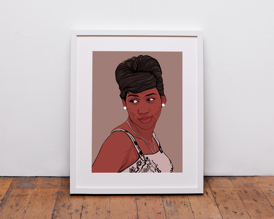 Queen of Soul and gospel Aretha Franklin.  A fine art giclée print by Ryan Hodge illustration.  Available in sizes A4, A3, A2 framed or print only. 