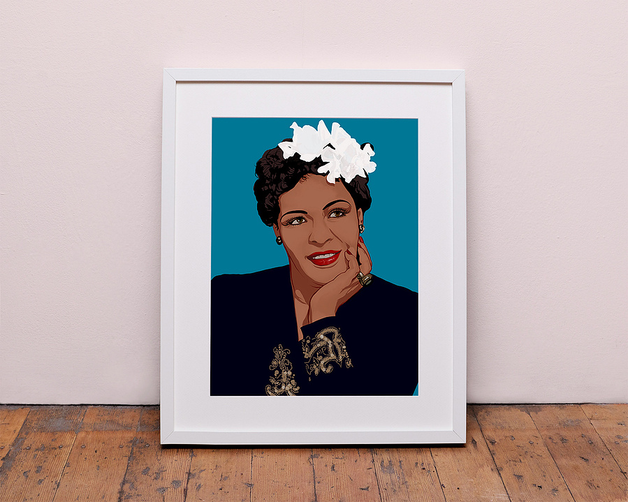 Billie Holiday by Ryan Hodge illustration - American jazz and swing music singer. Nicknamed "Lady Day".  Prints and Framed prints available in sizes A4, A3, A2 & A1.