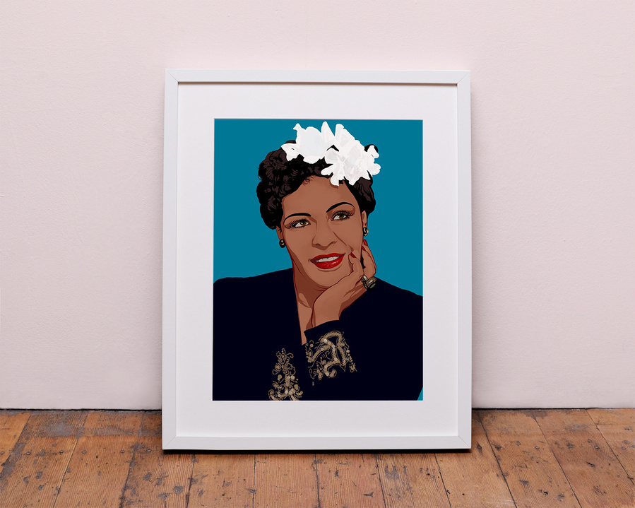 Billie Holiday by Ryan Hodge illustration - American jazz and swing music singer. Nicknamed "Lady Day".  Prints and Framed prints available in sizes A4, A3, A2 & A1.