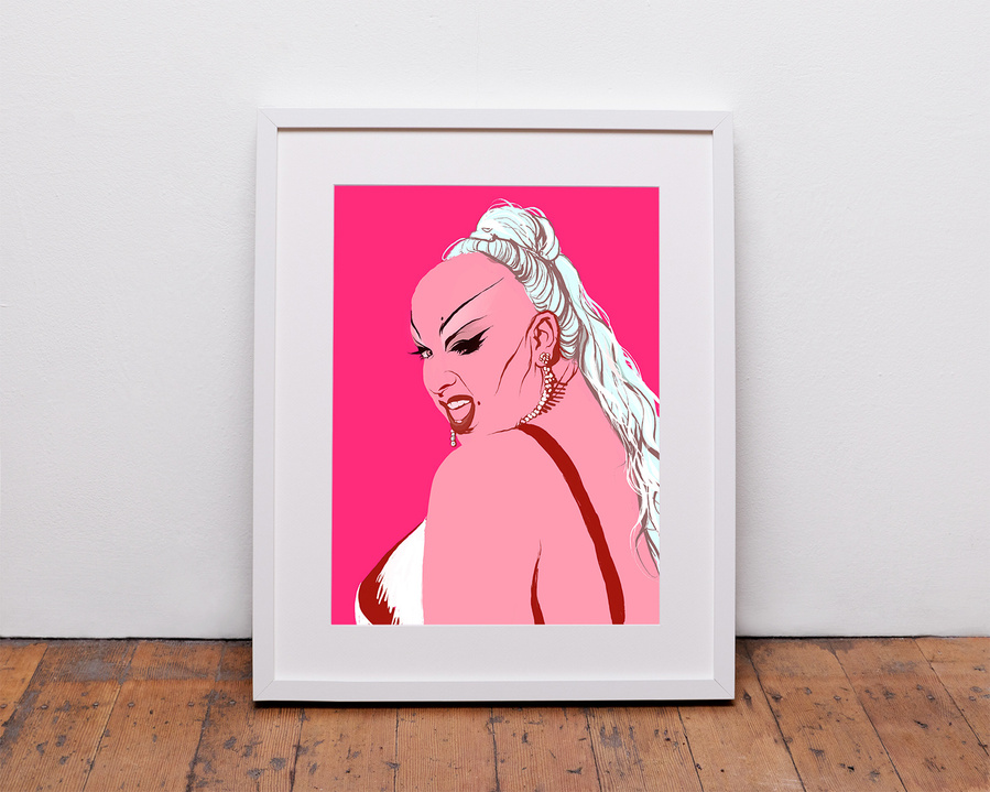 Divine, the Queen of drag and filth. A digital portrait by Ryan Hodge illustration inspired by pop art.  Bright pink background and gestural marks.  Framed white in hard wood frame with white mount. 

