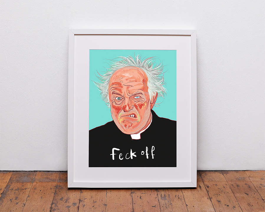 A portrait of Father Jack Hackett from hit Irish Tv Comedy Father Ted. Art by Ryan Hodge illustration. The fine art giclée print is available in sizes A4, A3 & A2, framed or print only.