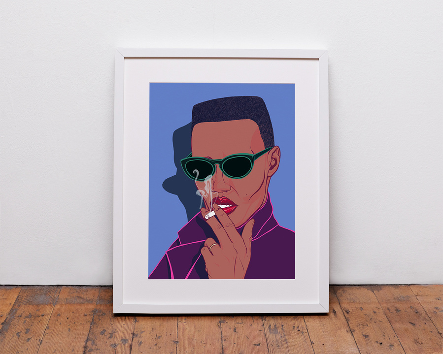 80's  singer, actor and fashion icon Grace Jones by Ryan Hodge illustration.  A framed fine art print available in various sizes and print only option. The white frame with white mount sits on a bare wood floor. 