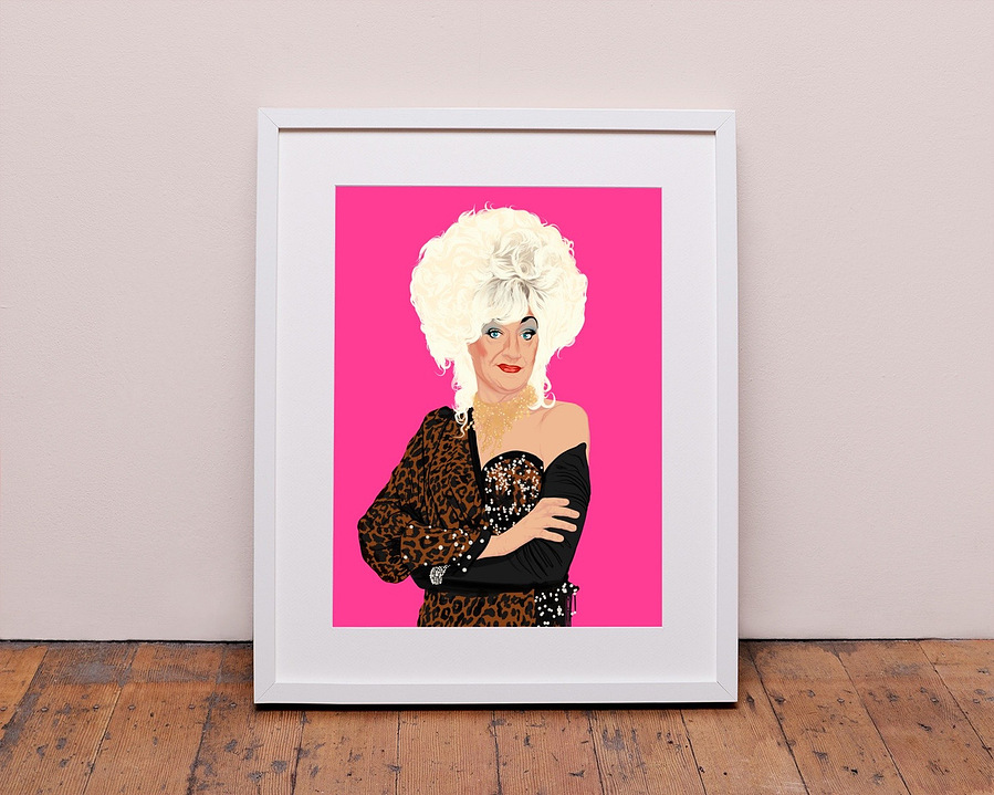 Lily Savage "Lilian Maeve Veronica Savage" aka Paul O'Grady.  A tribute illustration following his death.  available in sizes A4, A3, A2 & A1 as a framed and print only option. 