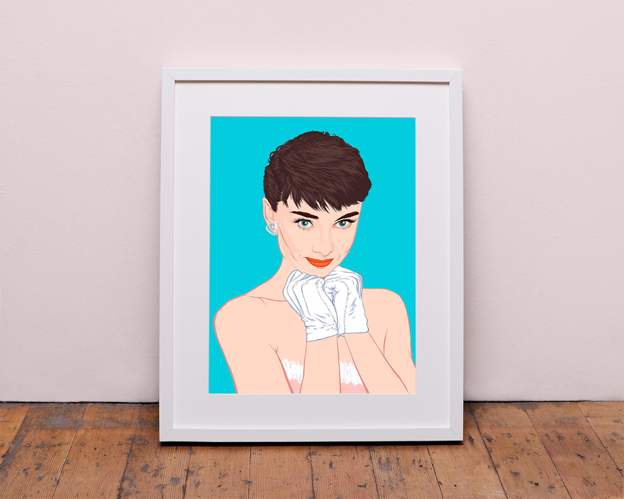 Audrey Hepburn in Breakfast at Tiffany's  - A Giclée fine art print by Ryan Hodge illustration. 
Available as a framed print and print only in sizes A4, A3, A2 and A1. 