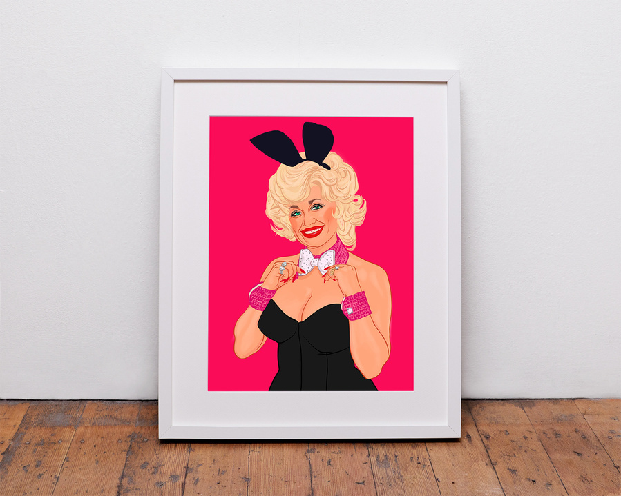 Country singer/songwriter, actor and gay icon Dolly Parton.  An illustration inspired by her Play Boy Magazine photoshoot dressed as a bunny girl.  Fine art prints available in sizes A4, A3, A2 & A1, framed or print only. 