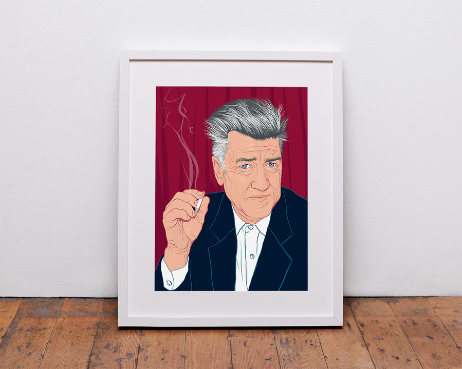 Illustrated portrait of cult film director David Lynch by Ryan Hodge illustration.  Available as a fine art print, framed or print only in various sizes. Twin Peaks, Blue Velvet.
