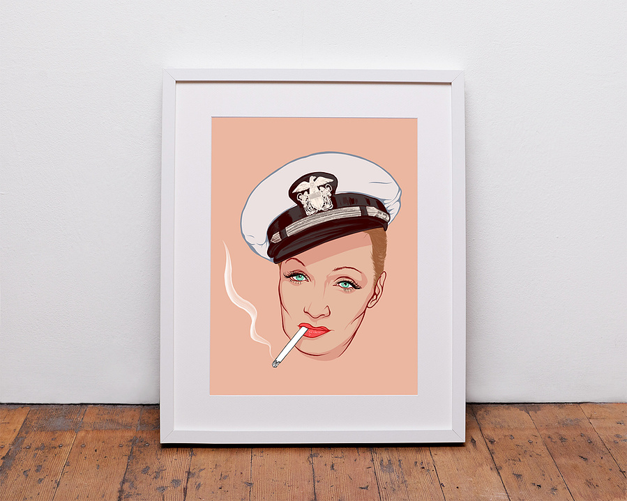 Hollywood actor Marlene Dietrich in the film 'Seven Sinners'. She's smoking a cigarette, wearing a sailor's hat & has big eye lashes.  A portrait by Ryan Hodge illustration. A4, A3, A2, A1 sizes framed and print only. 