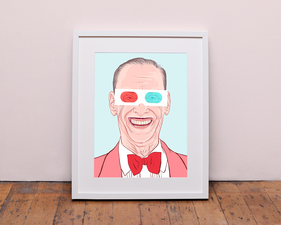 John Waters 'the pope of trash' & Filth Elder Artwork by Ryan Hodge illustration.  Fine art giclée print available in sizes A4, A3 & A2, framed or print only.  3D glasses, dickie bow, pencil moustache. 