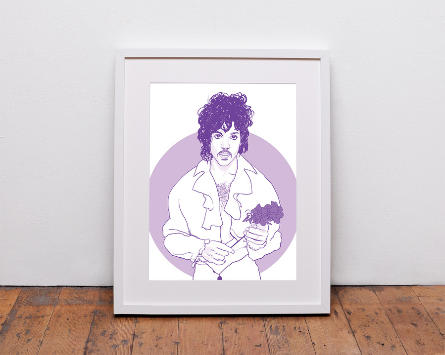 Prince Rogers Nelson, the artist formerly known as Prince.  An illustrated portrait with linear style with purple background.  Inspired by the song 'purple rain'. Available in sizes A4, A3, A2 and A1 as a framed print or print only option. 