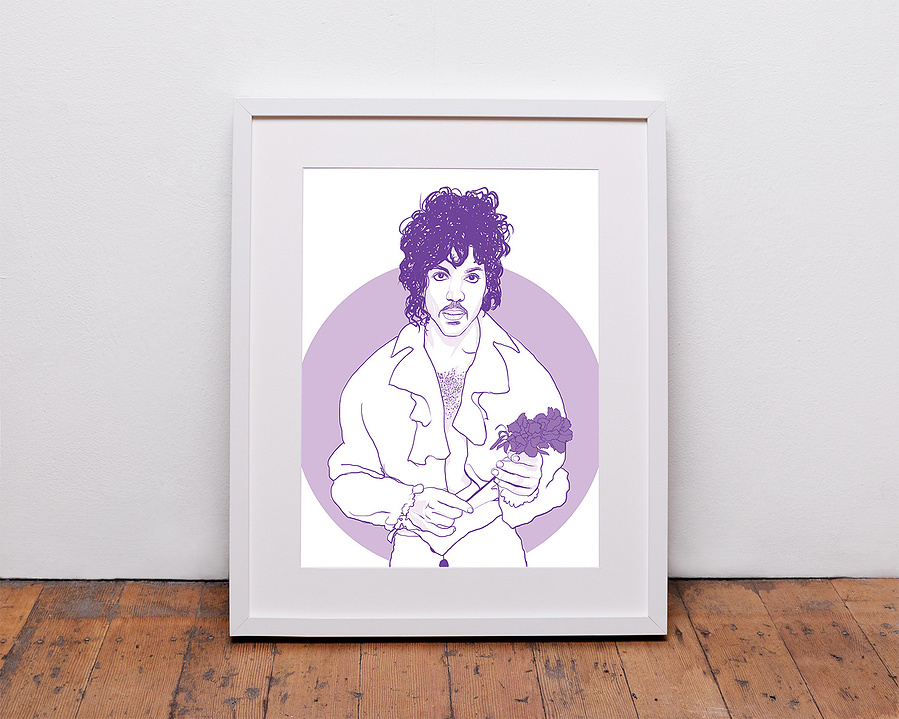 Prince Rogers Nelson, the artist formerly known as Prince.  An illustrated portrait with linear style with purple background.  Inspired by the song 'purple rain'. Available in sizes A4, A3, A2 and A1 as a framed print or print only option. 