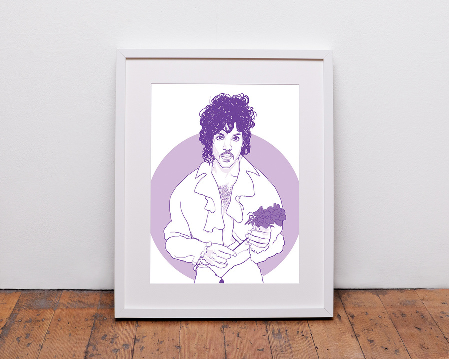 Prince Rogers Nelson, the artist formerly known as Prince.  An illustrated portrait with linear style with purple background.  Inspired by the song 'purple rain'. Available in sizes A4, A3, A2 and A1 as a framed print or print only option. 