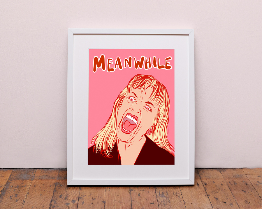 Fine art giclée print of Sheryl Lee as Laura Palmer, "meanwhile", the central character of the cult series Twin Peaks by David Lynch. Artwork by Ryan Hodge illustration.  Available in sizes A4, A3 and A2.  Framed and print only versions.  