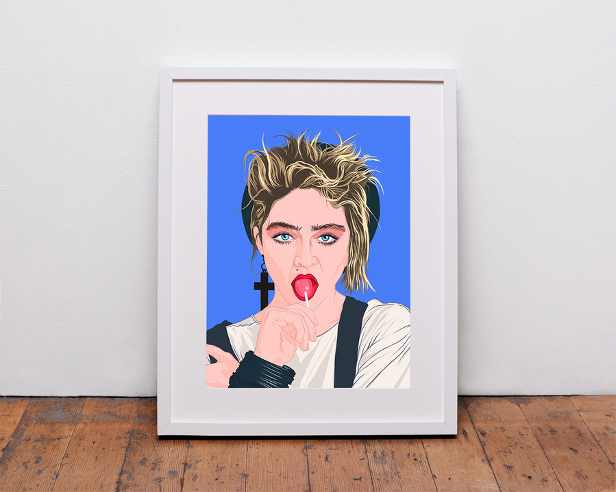 Fine art giclée print on beautiful enhanced Matt Art paper featuring Madonna from her first album Framed or print only options available in sizes A4 (21x30cm), A3 (30x42cm) and A2 (42x59.4cm) and 12'“x12”/30.5x30.5cm.  