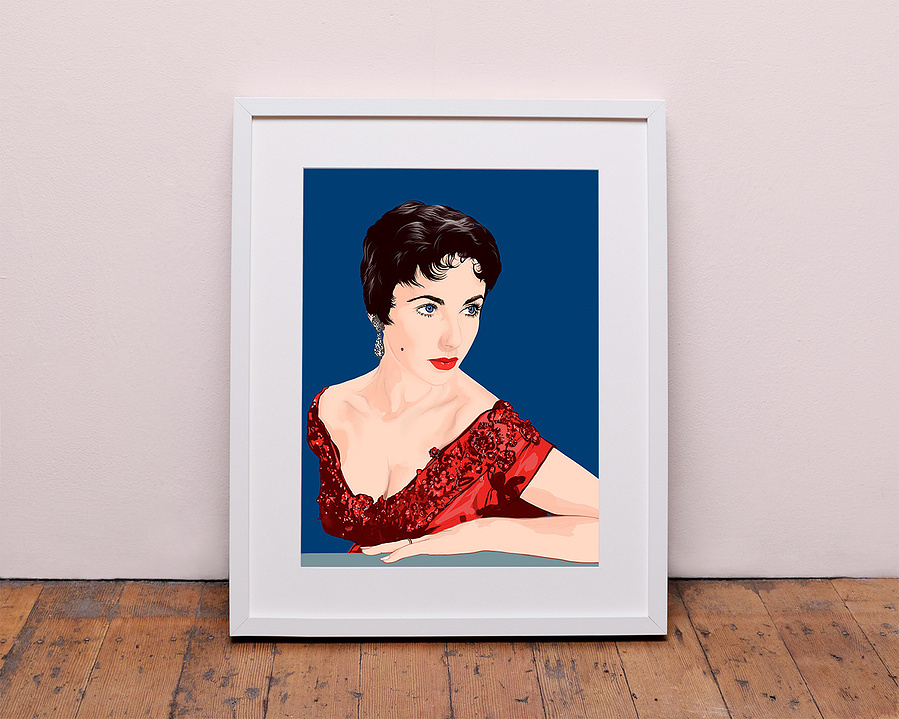 Fine art giclée print of Hollywood icon Elizabeth Taylor by Ryan Hodge illustration.  Available in sizes A4, A3 and A2.  Framed and print only versions.  