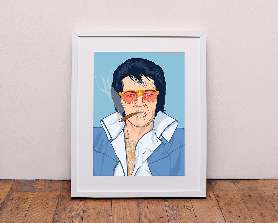 Elvis Presley the king of rock and roll  sunglasses and cigar. Artwork by Ryan Hodge illustration.  Fine art giclée print available in sizes A4, A3 & A2, framed or print only.  sunglasses and cigar. 