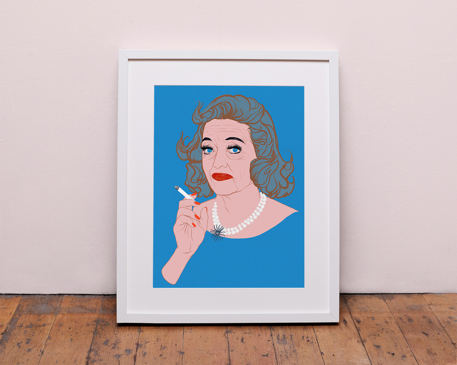 Illustration of Hollywood actor Bette Davis smoking by artist Ryan Hodge.  Fine art Giclée prints are available is sizes A4, A3 and A2 and 12" x 12".   