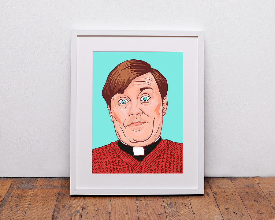 Father Dougal McGuire played by comedian Ardal O'Hanlon from TV sitcom Father Ted by Ryan Hodge illustration.  Available in sizes A4, A3, A2 - Framed and print only. 