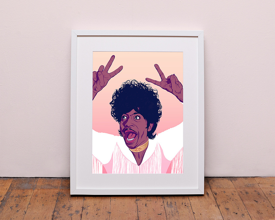 Little Richard - the true & original king of rock and roll. Artwork by Ryan Hodge illustration.  Fine art giclée print available in sizes A4, A3 & A2, framed or print only.  Gay icon. Tutti Fruiti, Long Tall Sally. 