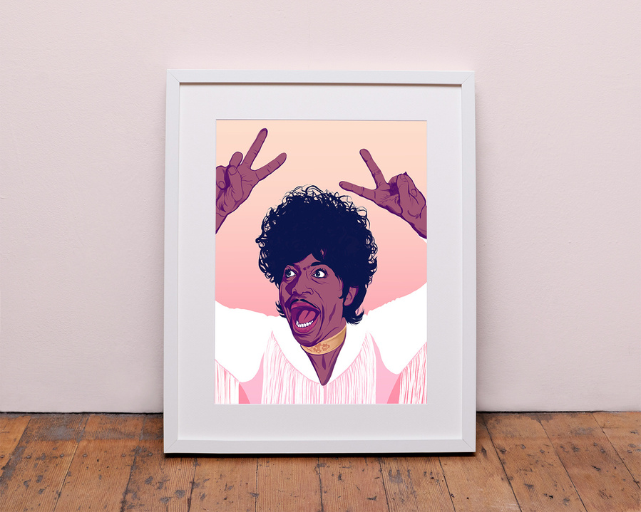 Little Richard - the true & original king of rock and roll. Artwork by Ryan Hodge illustration.  Fine art giclée print available in sizes A4, A3 & A2, framed or print only.  Gay icon. Tutti Fruiti, Long Tall Sally. 