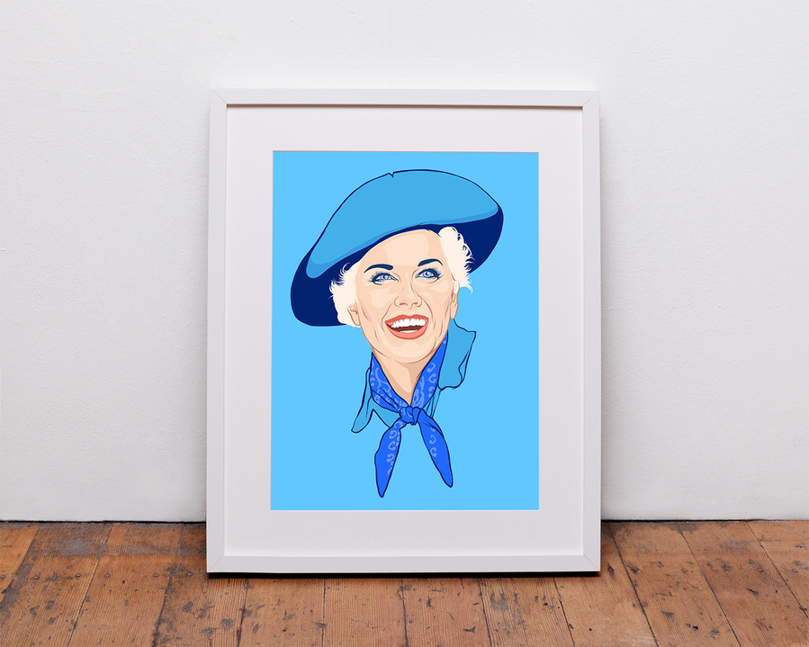 Doris Day as Calamity Jane an illustrated portrait with linear style with blue background.  Available in sizes A4, A3, A2 and A1 as a framed print or print only option. 