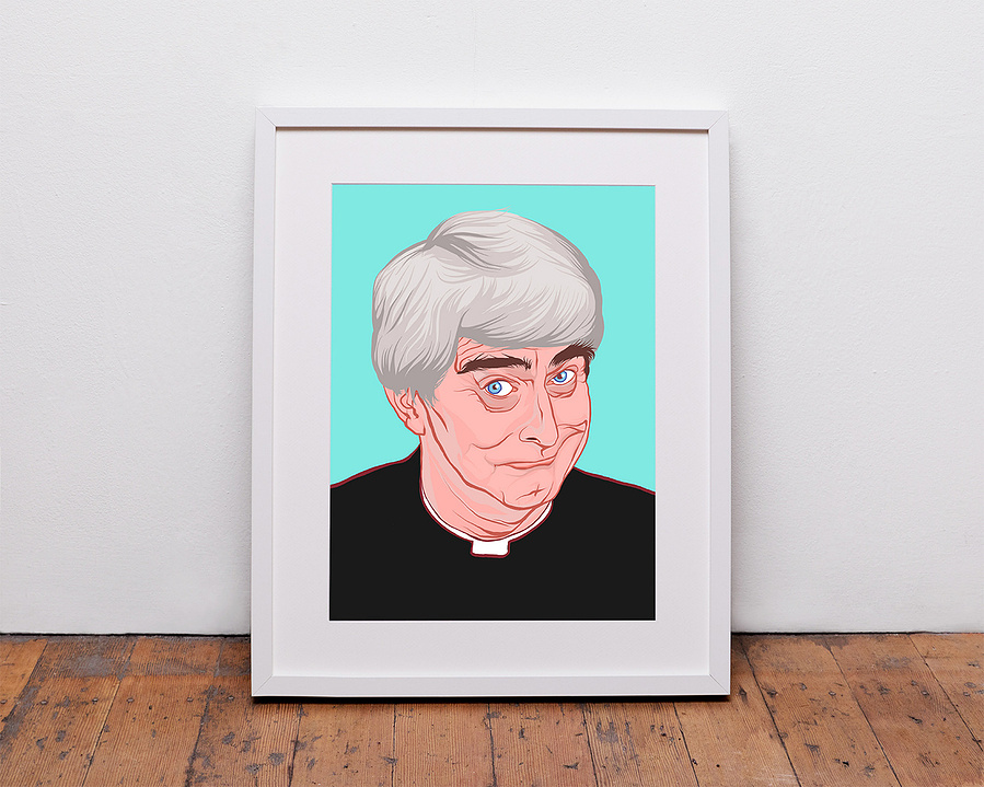 Lead character of Father Ted, the comedy TV sitcom that is still iconic. Illustration by Ryan Hodge.  Available in sizes A4, A3, A2 - Framed and print only. 