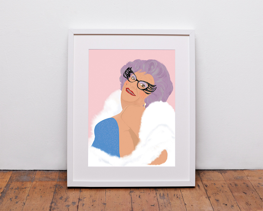 A portrait of Australian mega star, Dame Eda Everage, the alter-ego of comedian Barry Humphries by Ryan Hodge illustration.  The fine art giclée print is available in sizes A4, A3 & A2, framed or print only.