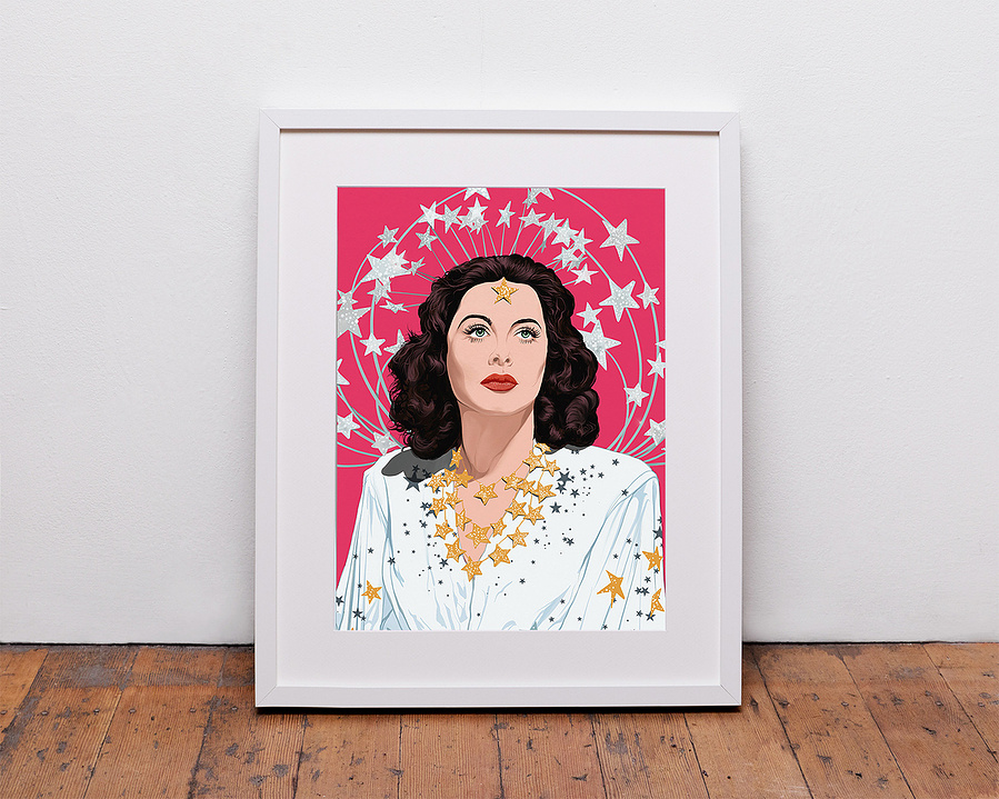 Hedy Lamarr fine art giclée print by Ryan Hodge illustration.  Inspired by the movie 'Ziegfeld Girl'.  Available in sizes A4, A3, A2 & A1 framed and print only.  Printed on Enhanced Matt Art paper. 