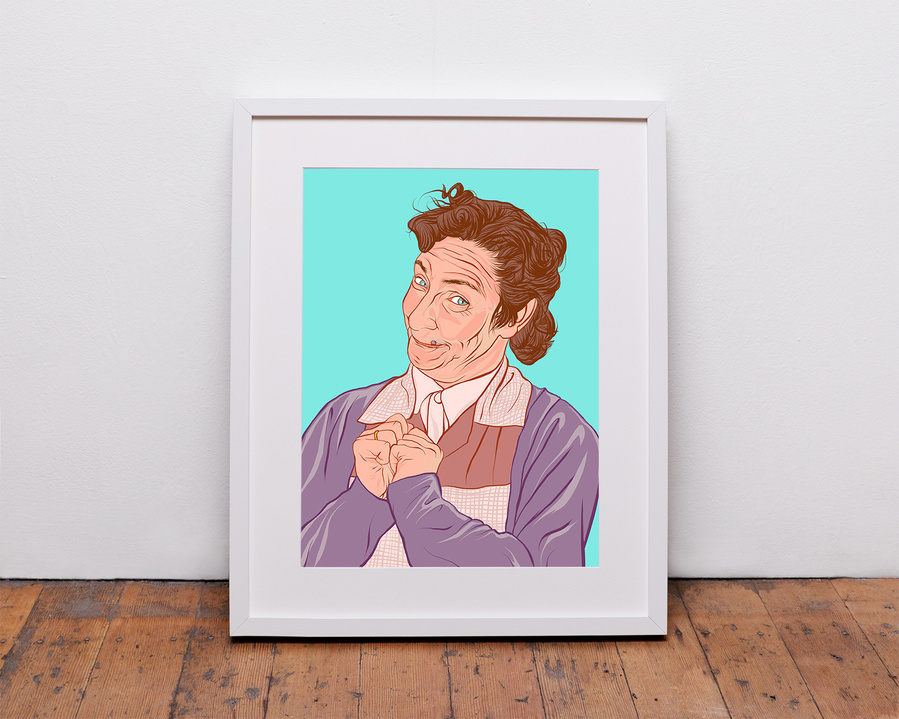 Mrs Doyle played by Pauline McLynn in comedy TV sitcom Father Ted, illustration by Ryan Hodge.  Available in sizes A4, A3, A2 - Framed and print only. 