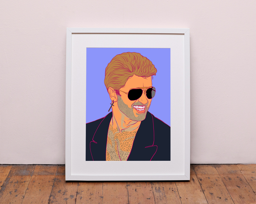 George Michael art print by Ryan Hodge illustration is inspired by his song Faith.  Sporting aviators, leather jacket, sexy stubble and smile.  He is a gay icon.  Framed and Print only options in sizes A4, A3 A2, A1 