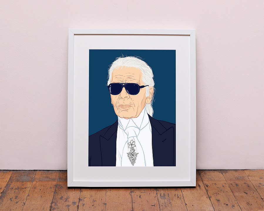 A portrait of renowned fashion designer and personality Karl Lagerfeld by Ryan Hodge illustration.  Comedian and national treasure. The fine art giclée print is available in sizes A4, A3 & A2, framed or print only.