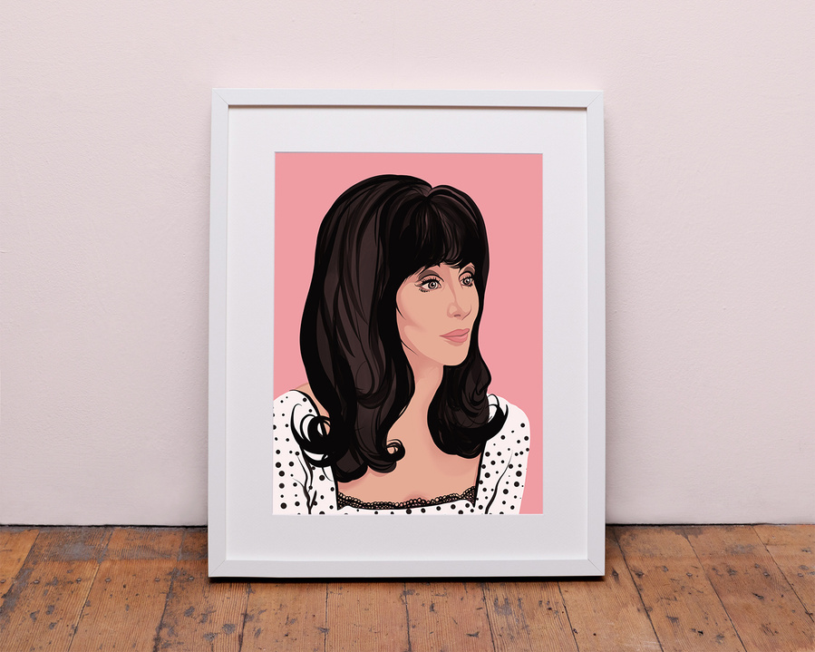 Gay icon and pop legend Cher, from the film Mermaids and her song "The Shoot Shoot Song".  Illustration by Ryan Hodge.  Available in sizes A4, A3, A2 - Framed and print only. 
