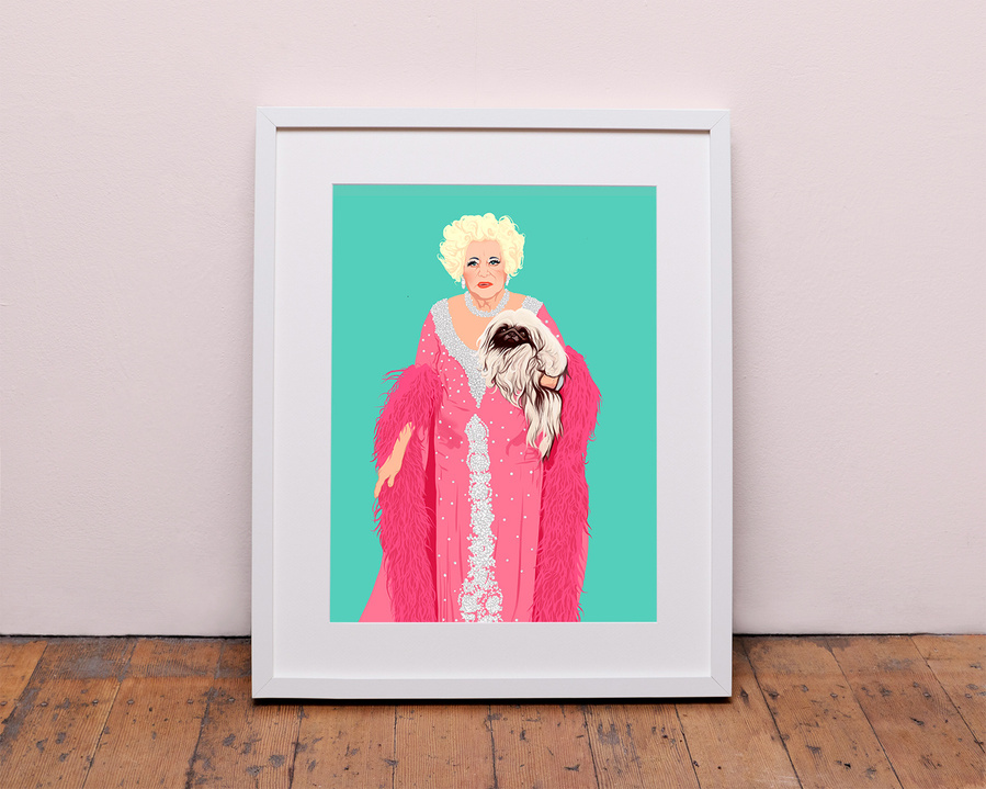 Literary Royalty, Barbara Cartland. She was a prolific author of romantic novels. Fond of dogs and frocks and camp as tits.  Prints and Framed prints available in sizes A4, A3, A2 & A1.