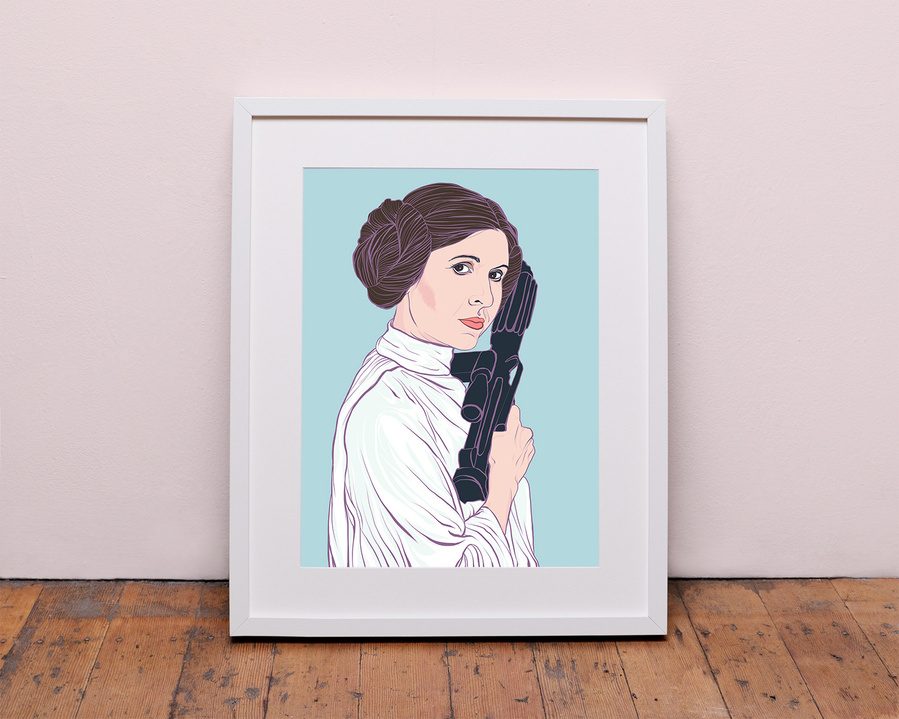 Star Wars Feminist icon Princess Leia, played by the incredible Carrie fisher.  Swedish bun hair and blaster in hand, she is ready to kick some imperial butt. Illustration by Ryan Hodge.  Prints available in sizes A4 to A1 framed and print only. 