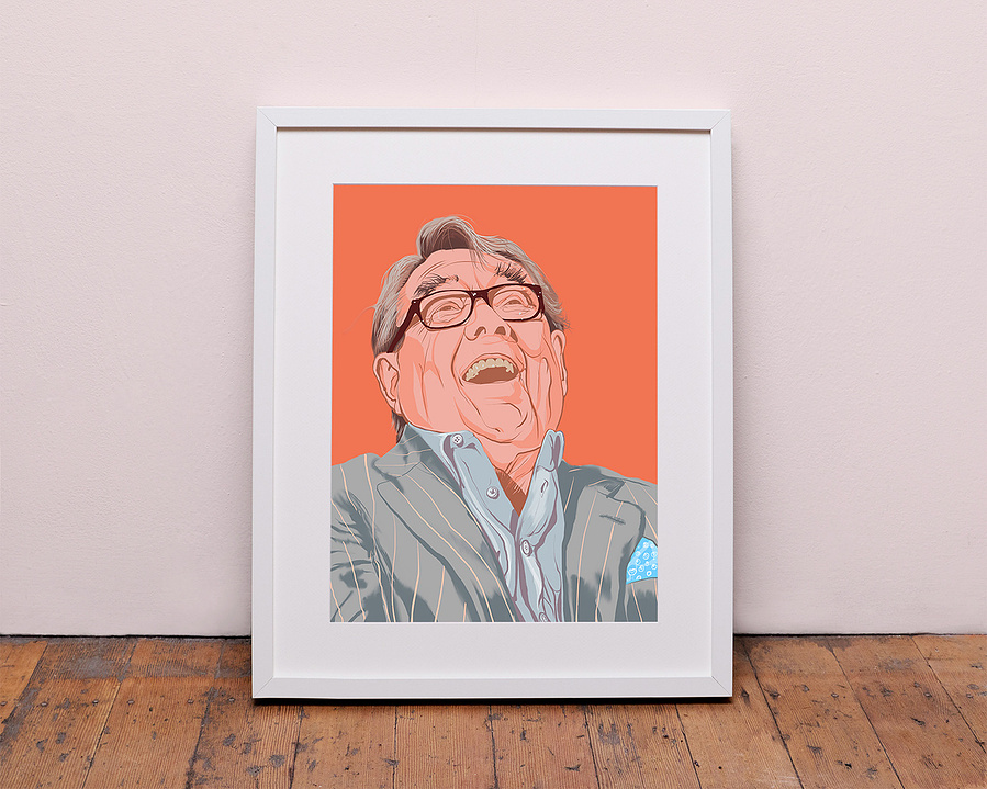 A portrait of Ronnie Corbett of the two Ronnie's by Ryan Hodge illustration.  Comedian and national treasure. The fine art giclée print is available in sizes A4, A3 & A2, framed or print only.