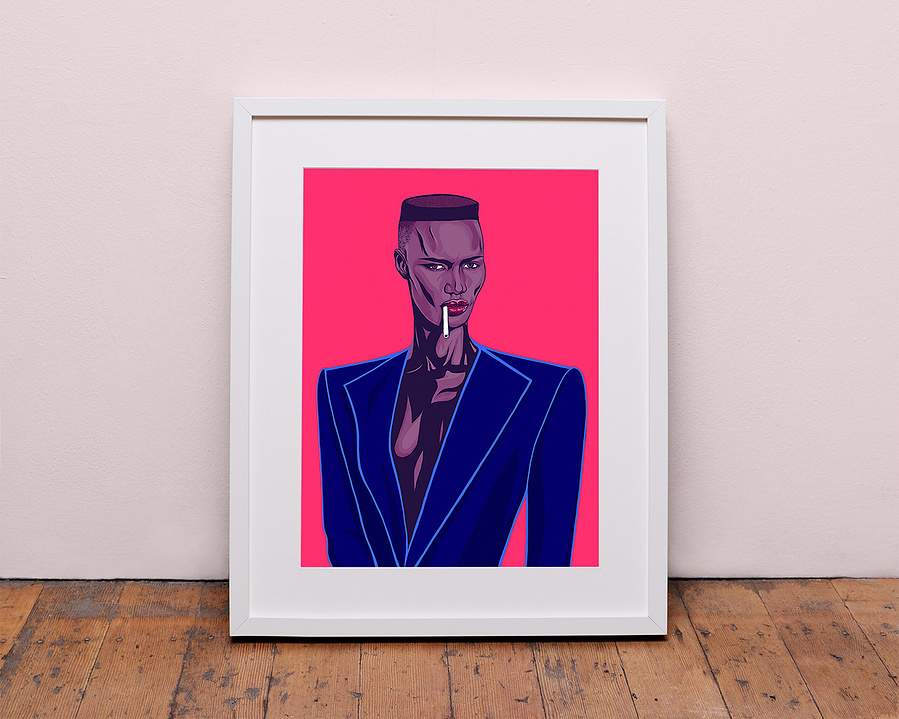 Grace Jones Fine art print with optional framing.  Artwork by Ryan Hodge illustration.  Features bright pink background and blue jacket. Available in sizes A4, A3, A2 & A1
