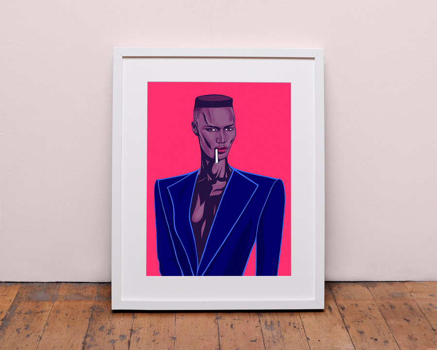 Grace Jones Fine art print with optional framing.  Artwork by Ryan Hodge illustration.  Features bright pink background and blue jacket. Available in sizes A4, A3, A2 & A1
