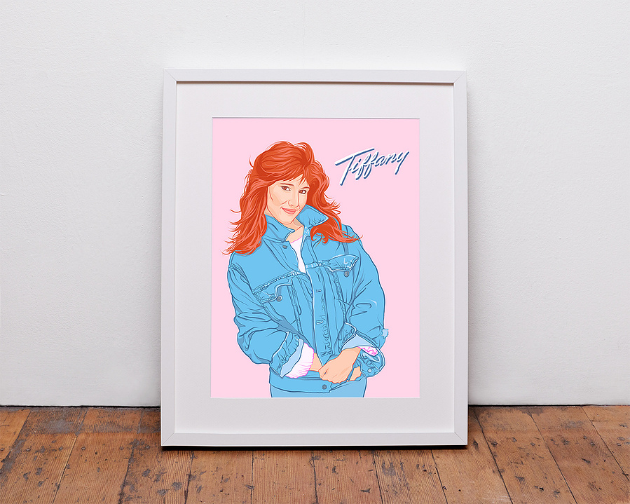 Portrait of 80's pop star Tiffany complete with text and denim jacket. Features pink background and her bright red hair. Fine Art Giclée prints and framed prints available in sizes A4 A3 A2 & A1. 