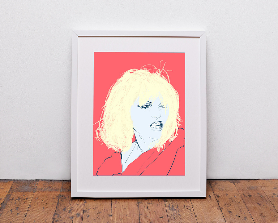 Blondie's Debbie Harry - an illustration by Ryan Hodge. Screen print inspired art.  coral pink background.  Rip Her To Shreds song.  Available as a framed fine art print or print only in sizes A4, A3, A2 & A1. 