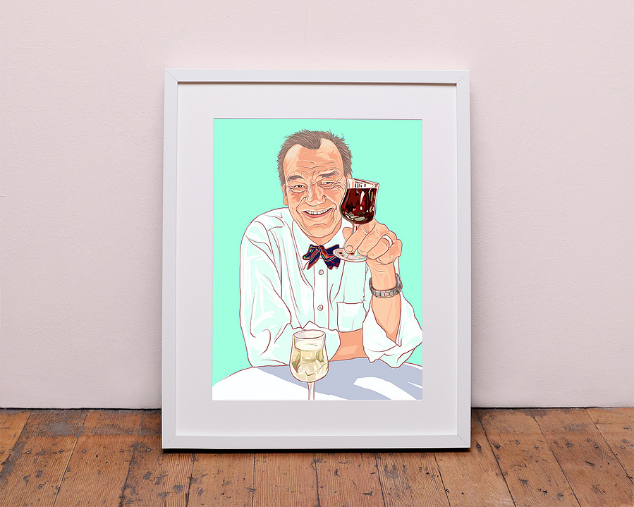 Keith Floyd, British celebrity TV chef.  A portrait by Ryan Hodge illustration.  Prints available in sizes A4, A3, A2 & A1 Framed or print only. He had a chaotic style and was often seen drinking a glass of wine while presenting. 