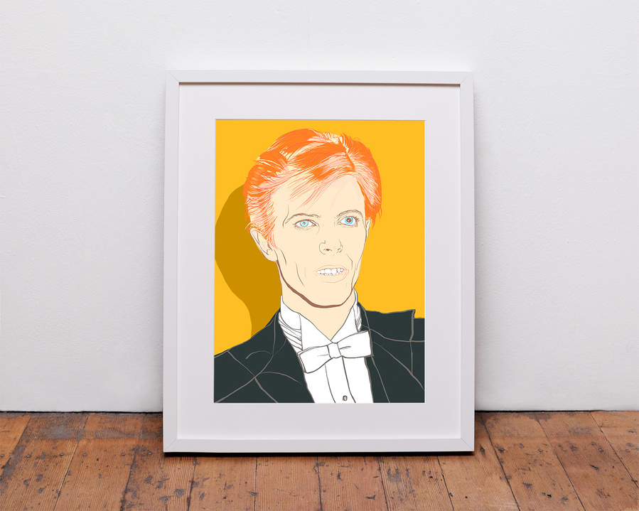 David Bowie portrait as the Thin White Duke by Ryan Hodge illustration.  Inspired by a photo taken at the 17th Annual Grammy Awards.  A fine art gicée print available in sizes A4, A3 & A2, framed or print only. Red and yellow option. 