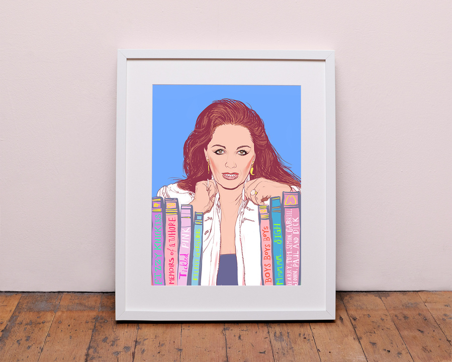 Fine art giclée print of saucy romantic author and novelist and Lady Boss, Jackie Collins by Ryan Hodge illustration.  Books - 'Smut', 'Married Men taste Better', 'Lucky', 'Santangelos'. Available in sizes A4, A3 and A2.  Framed and print only versions.  