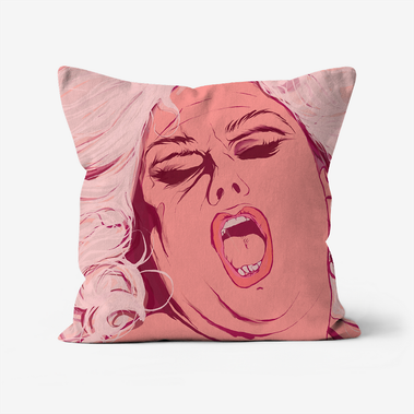 Divine the Drag Queen cushion, illustration -ECSTASY.  The reverse features an abstract paint splatter textured pattern.  Available in sizes16
