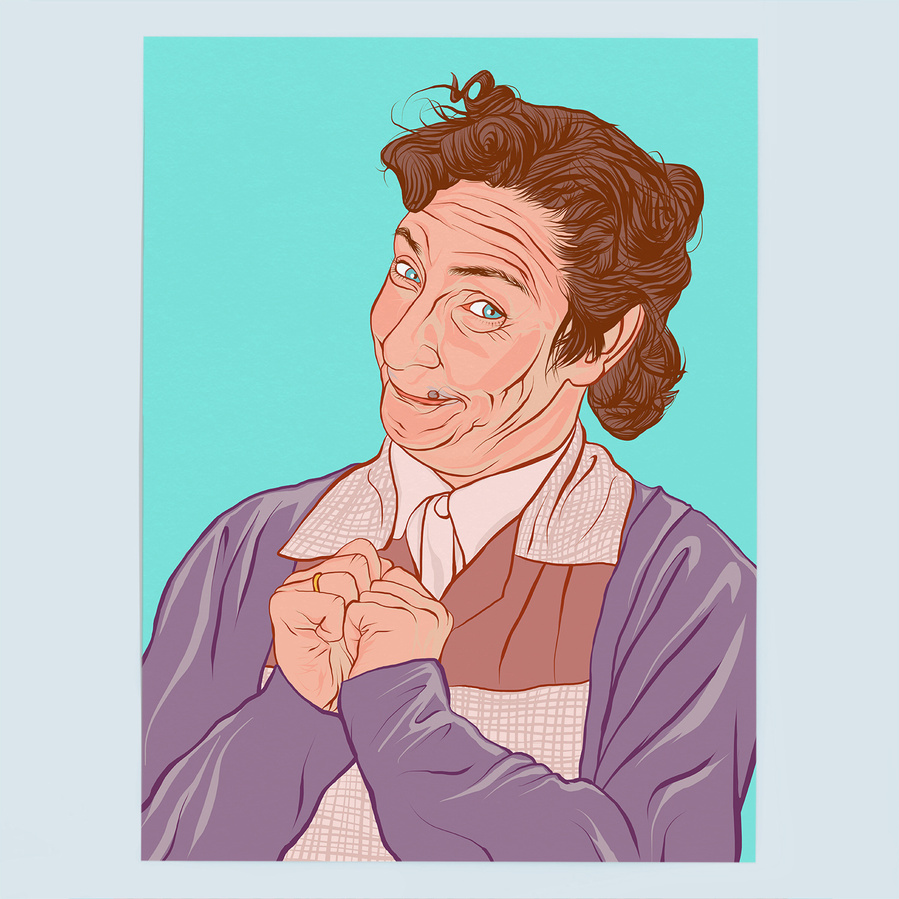 Mrs Doyle played by Pauline McLynn in comedy TV sitcom Father Ted, illustration by Ryan Hodge.  Available in sizes A4, A3, A2 - Framed and print only. 