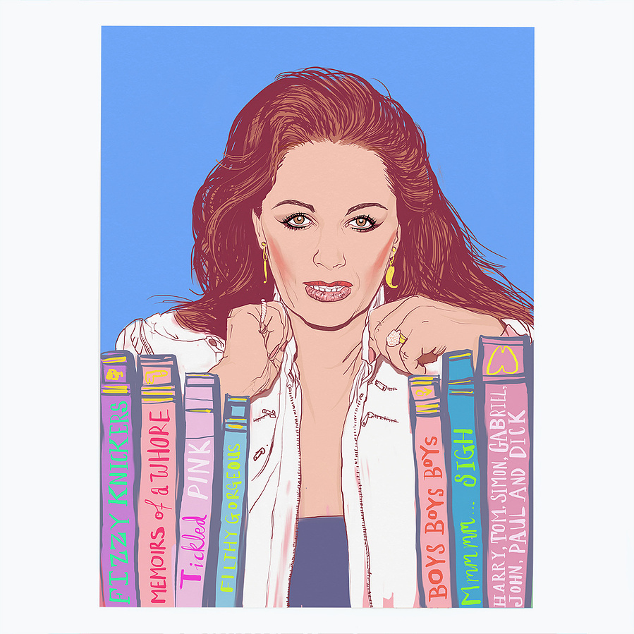 Fine art giclée print of saucy romantic author and novelist and Lady Boss, Jackie Collins by Ryan Hodge illustration.  Books - 'Smut', 'Married Men taste Better', 'Lucky', 'Santangelos'. Available in sizes A4, A3 and A2.  Framed and print only versions.  