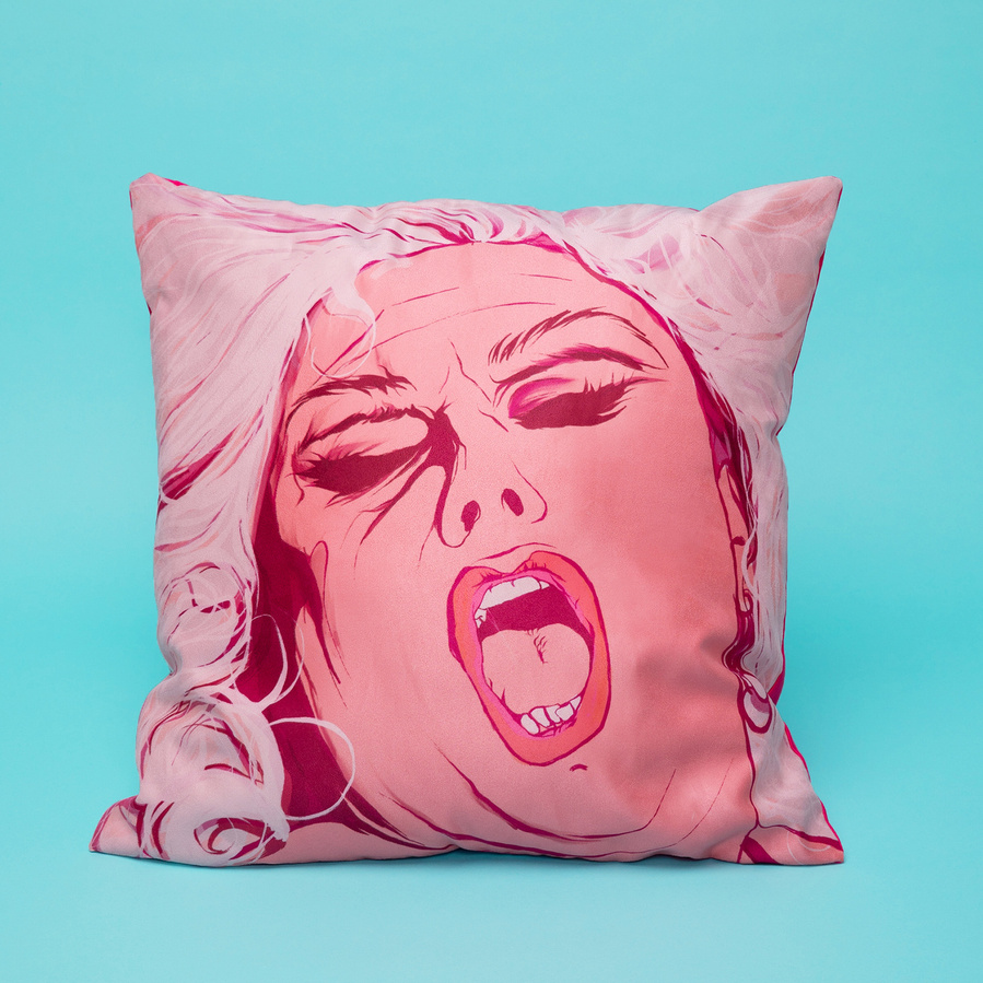 Divine Cushion by Ryan Hodge illustration.  Ecstasy design.  Available in various sizes.  High quality faux Suede printed fabric.  Double sided print with abstract textured paint pattern reverse design.  Polyester filling with zip. 
