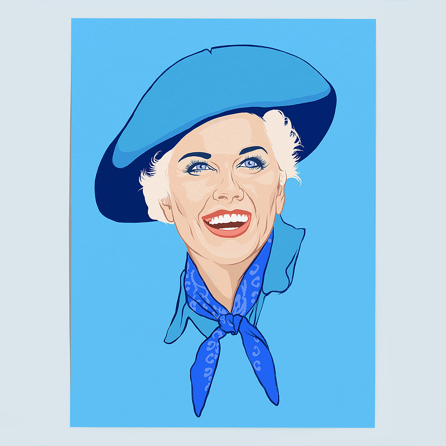 Doris Day as Calamity Jane an illustrated portrait with linear style with blue background.  Available in sizes A4, A3, A2 and A1 as a framed print or print only option. 