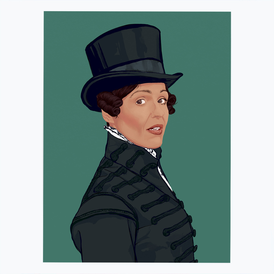 Fine art giclée print of Suranne Jones as Anne Lister "Gentleman Jack".  Artwork by Ryan Hodge illustration.  Available in sizes A4, A3 and A2.  Framed and print only versions.  